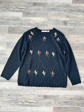Vintage China Wear Navy Sweater Size Medium Floral, Embroidery, Ribbon M8